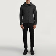 
Wesley Preto Hooded Windbreaker Jaqueta de Couro para Homem - Vista lateral mostrando o corte ergonómico de mangas