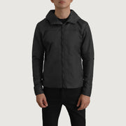 
Vista detalhada of Classic Collar & Zipper With Inside Wind Flap. Hardware on Wesley Preto Hooded Windbreaker Jaqueta de Couro para Homem