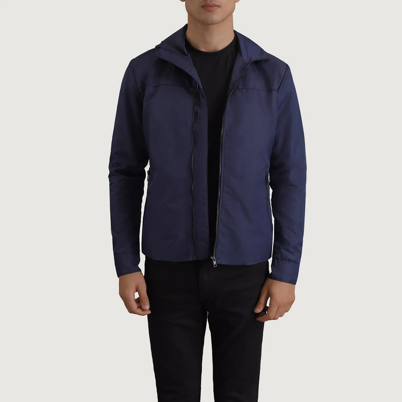 Wesley Azul Hooded Windbreaker Jaqueta de Couro para Homem
