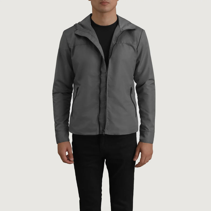 Wesley Grey Hooded Windbreaker Jaqueta de Couro para Homem