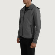 
Grey Full-Grain Leather Hooded Jacket - Vista traseira com ombros definidos e bainha impecável