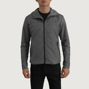 
Vista detalhada of Classic Collar & Zipper With Inside Wind Flap. Hardware on Wesley Grey Hooded Windbreaker Jaqueta de Couro para Homem