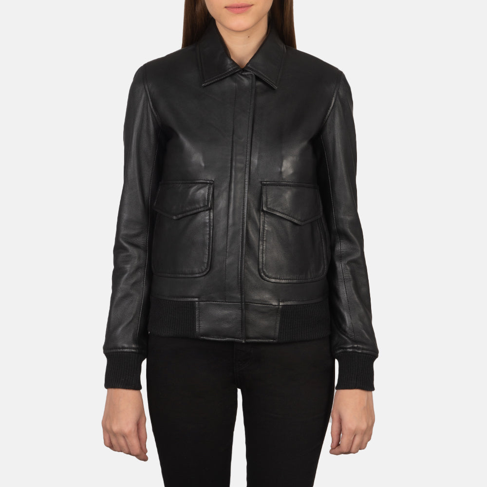 
Vista detalhada of Shirt & Zipper with Button Flap Hardware on Westa A-2 Black Leather Bomber Jacket