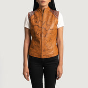 
Westina Caramelo Dye Colete em Couro para Mulher in Tan Brown Sheepskin Dip &Amp; Dye - Vista frontal e silhueta ajustada | Comprar online