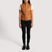
Vista detalhada of Classic Collar & Zipper Hardware on Westina Caramelo Dye Colete em Couro para Mulher