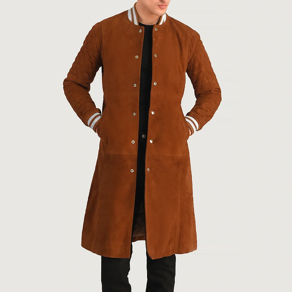 Wilde Castanho Suede Varsity Casaco de Couro para Homem in Tan Bown Goatskin Suede - Front Profile View &amp; Tailored Silhouette | Buy Online