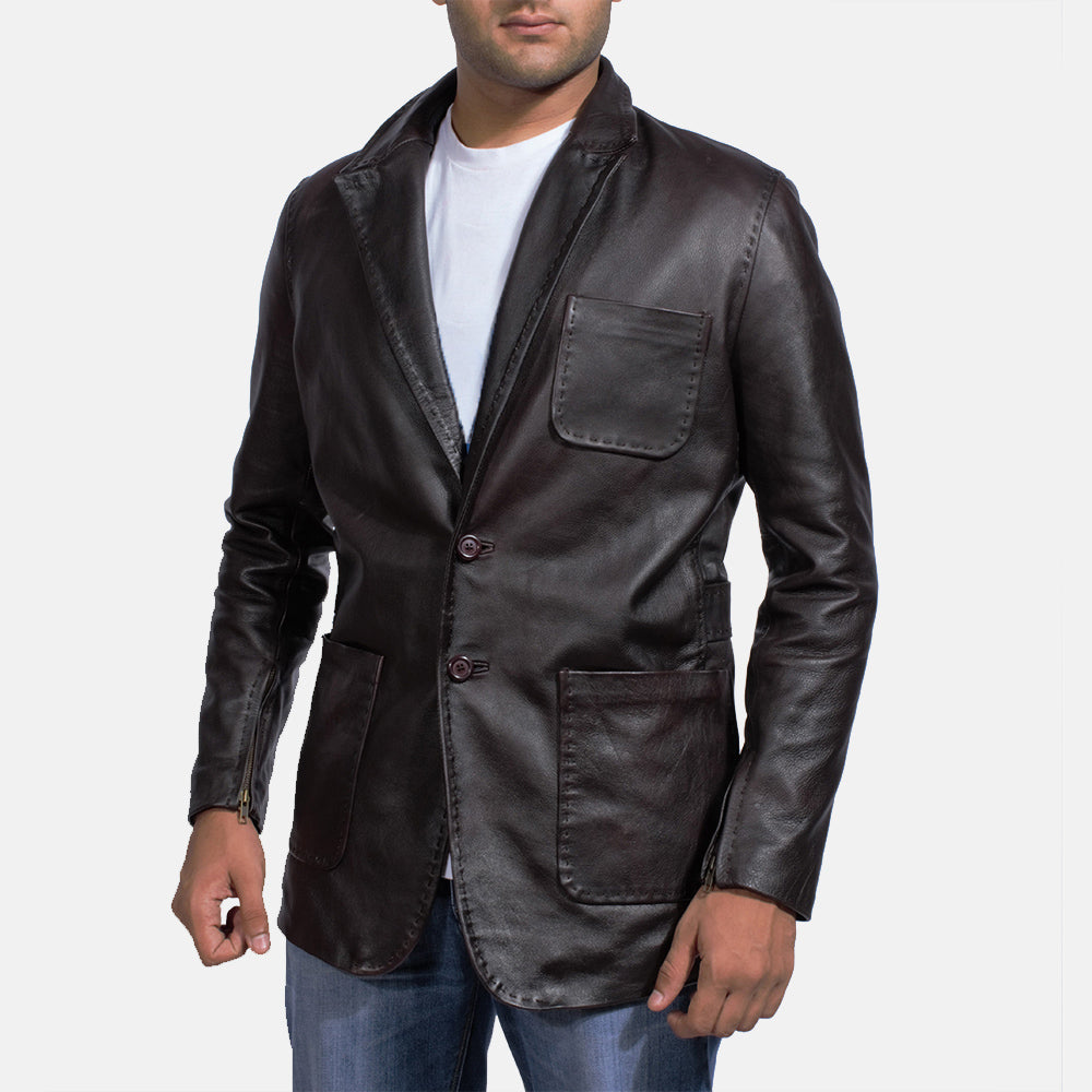 Men's Wine Preto Blazer de Couro de Couro para Homem in Dark Brown Cow Hide Leather - Front Profile View &amp; Tailored Silhouette | Buy Online