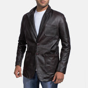 Men's Wine Preto Blazer de Couro de Couro para Homem in Dark Brown Cow Hide Leather - Front Profile View &amp; Tailored Silhouette | Buy Online