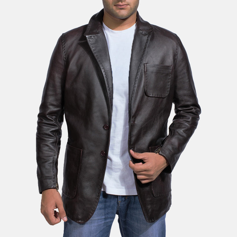 Wine Preto Blazer de Couro de Couro para Homem