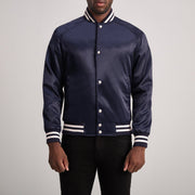 Xander Azul Varsity Blusão de Couro para Homem in Blue Satin - Front Profile View &amp; Tailored Silhouette | Buy Online