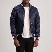 Xander Azul Varsity Blusão de Couro para Homem - Lateral Side Profile View Showing Sleeve Cut &amp; Athletic Taper Fit