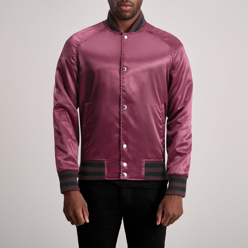 Xander Maroon Varsity Jacket in Maroon Satin - Front Profile View & Tailored Silhouette | Buy Online
