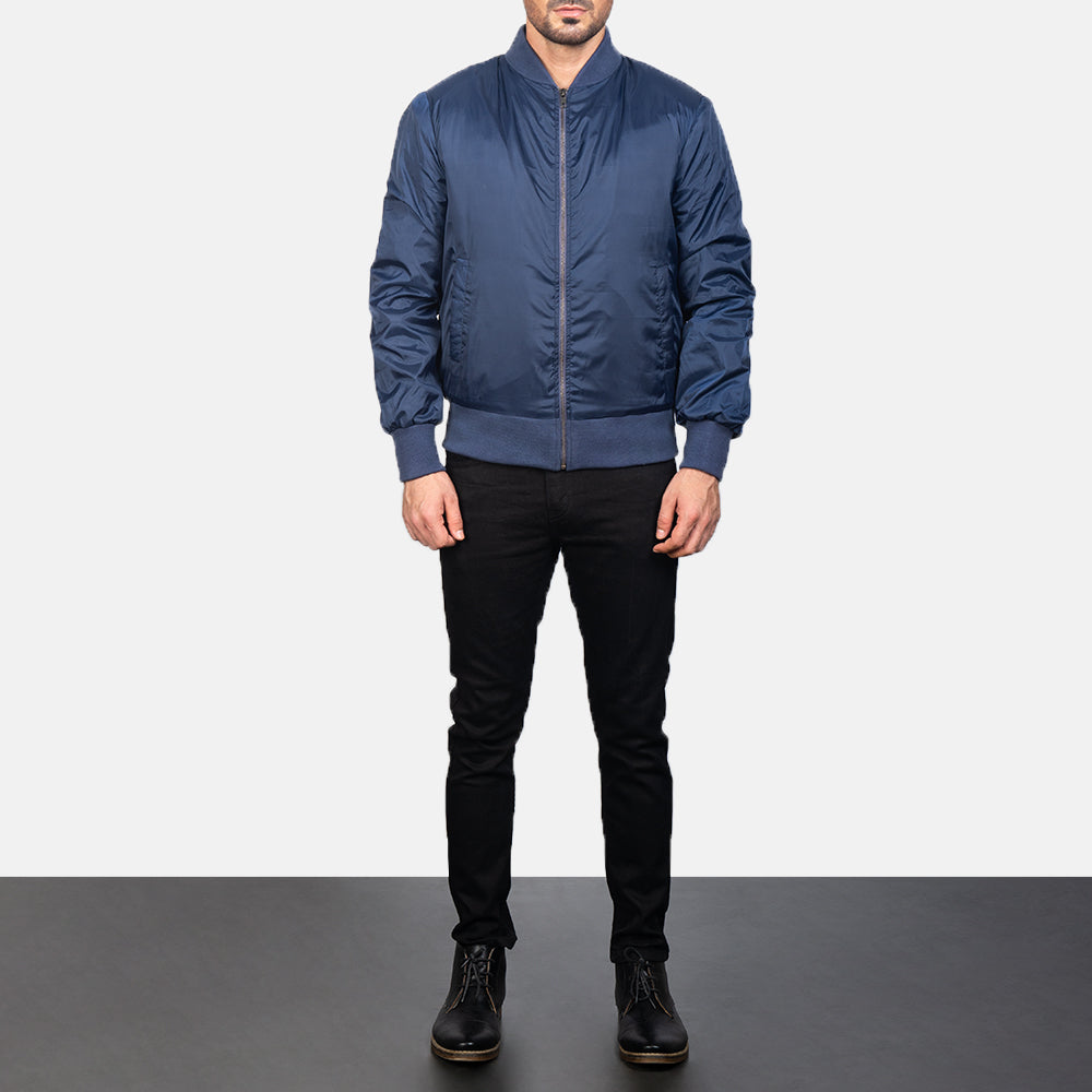 Men's Zack Azul Blusão Bomber de Couro para Homem - Lateral Side Profile View Showing Sleeve Cut &amp; Athletic Taper Fit