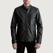 Zen Preto Blusão Biker de Couro para Homem in Black Sheepskin Leather - Front Profile View &amp; Tailored Silhouette | Buy Online