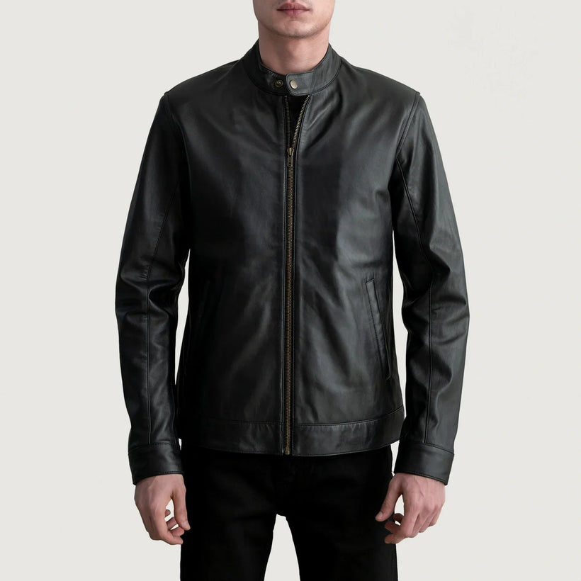 Zen Preto Jaqueta Biker de Couro para Homem