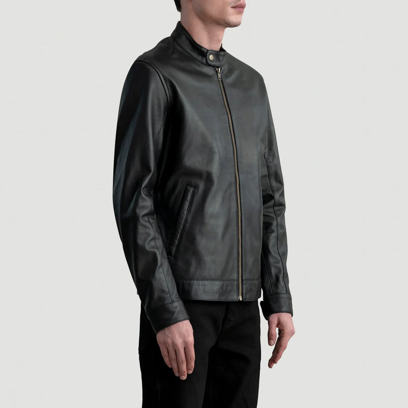 Zen Preto Jaqueta Biker de Couro para Homem