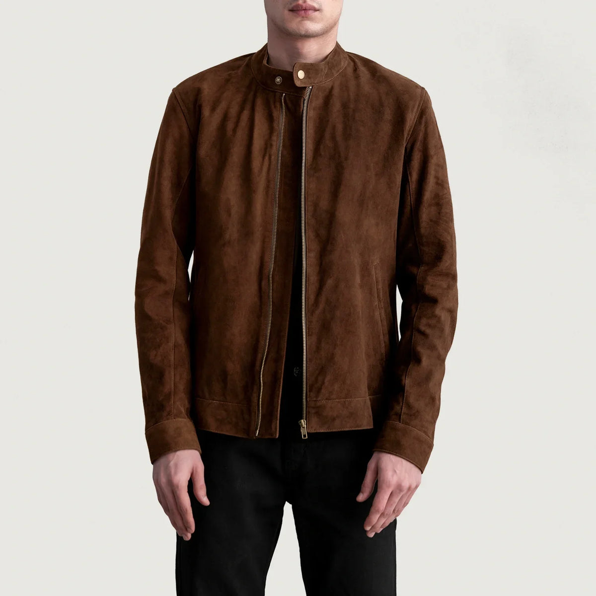 Zen Castanho Suede Blusão Biker de Couro para Homem in Brown Goatskin Suede - Front Profile View &amp; Tailored Silhouette | Buy Online