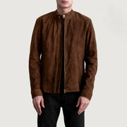 Zen Castanho Suede Blusão Biker de Couro para Homem in Brown Goatskin Suede - Front Profile View &amp; Tailored Silhouette | Buy Online