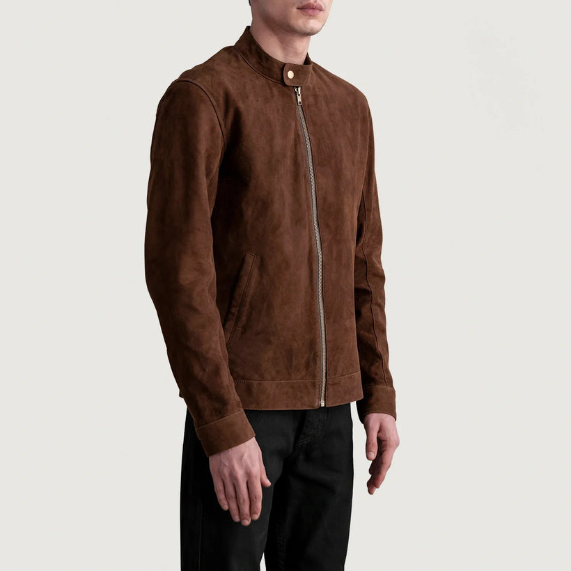 Zen Castanho Suede Jaqueta Biker de Couro para Homem