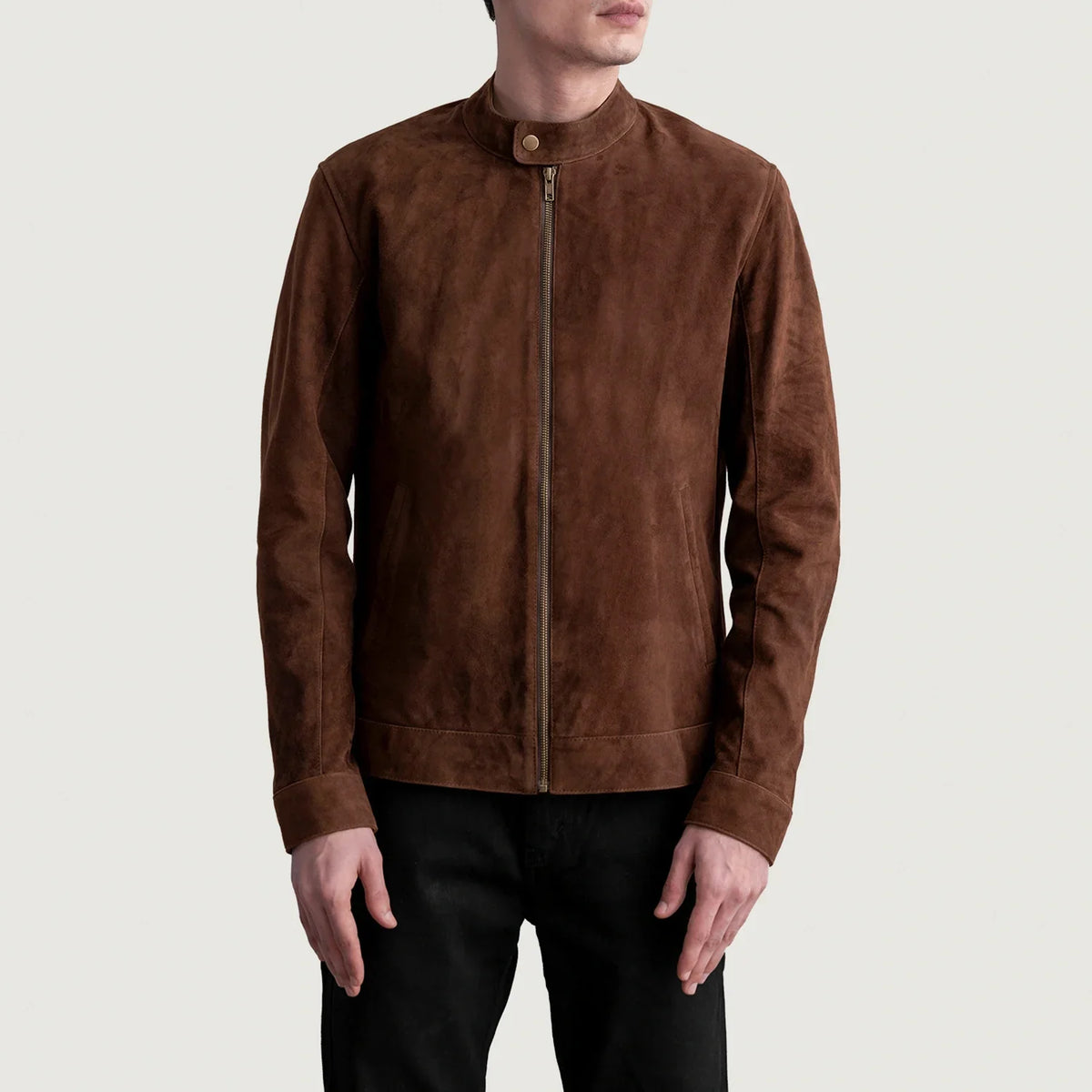 Zen Castanho Suede Blusão Biker de Couro para Homem - Lateral Side Profile View Showing Sleeve Cut &amp; Athletic Taper Fit