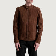 Zen Castanho Suede Blusão Biker de Couro para Homem - Lateral Side Profile View Showing Sleeve Cut &amp; Athletic Taper Fit