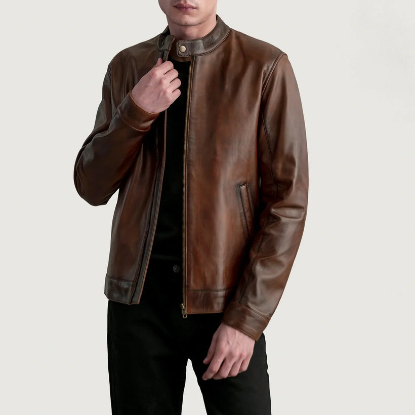 Zen Distressed Castanho Jaqueta Biker de Couro para Homem