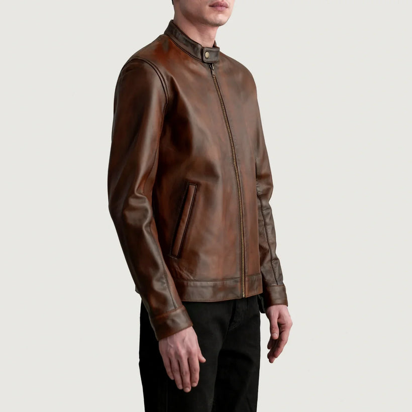 Zen Distressed Castanho Jaqueta Biker de Couro para Homem