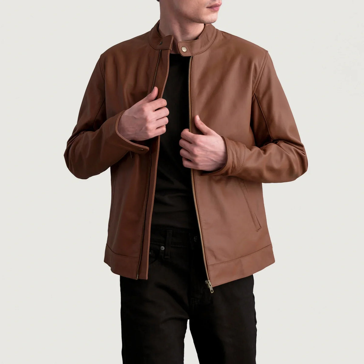 Zen Matte Castanho Blusão Biker de Couro para Homem in Matte Brown Cowhide Leather - Front Profile View &amp; Tailored Silhouette | Buy Online