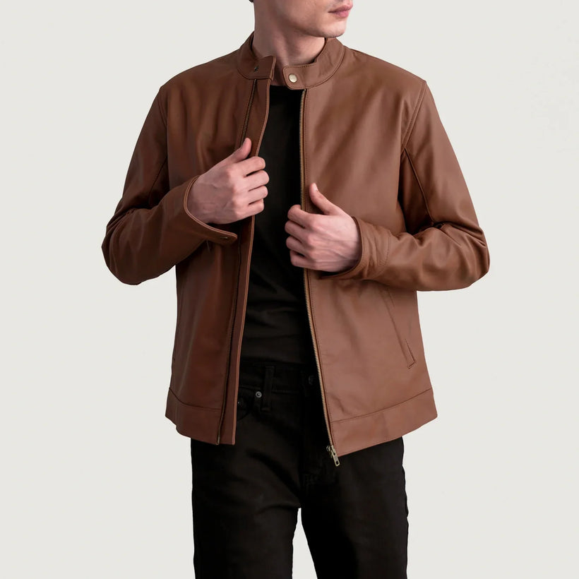 Zen Matte Castanho Jaqueta Biker de Couro para Homem