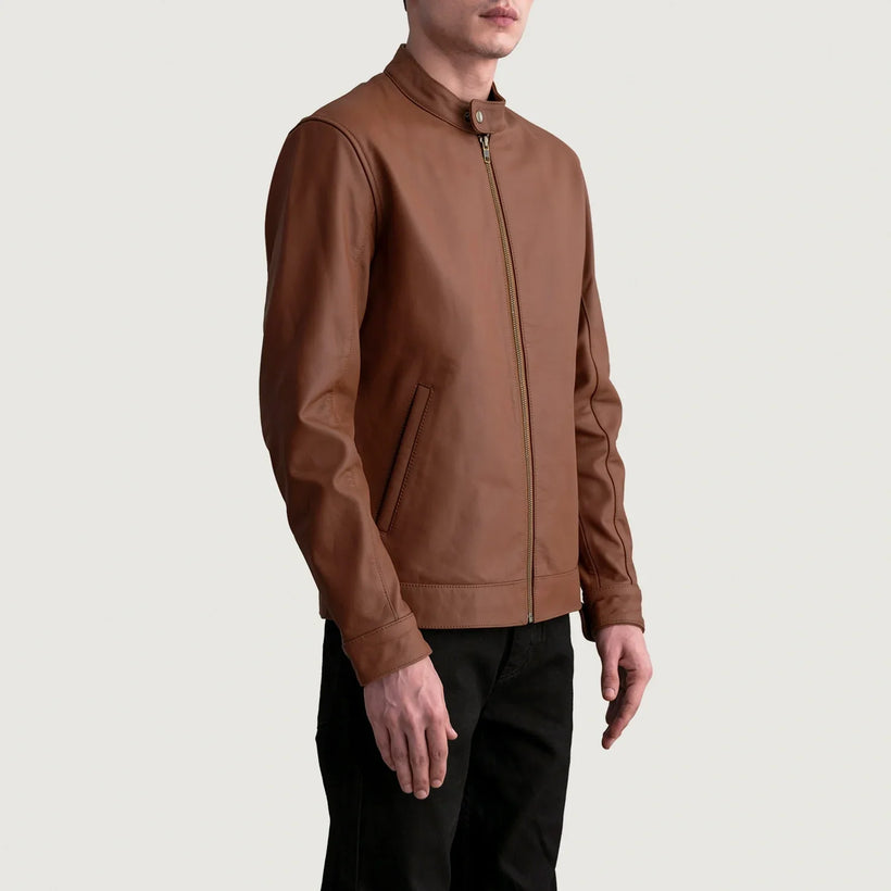 Zen Matte Castanho Jaqueta Biker de Couro para Homem