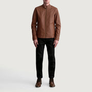 Close-Up Detail of Snap Button &amp; Zipper Hardware on Zen Matte Castanho Blusão Biker de Couro para Homem