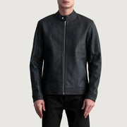 Zen Tumbled Preto Blusão Biker de Couro para Homem in Tumbled Black Sheepskin Leather - Front Profile View &amp; Tailored Silhouette | Buy Online