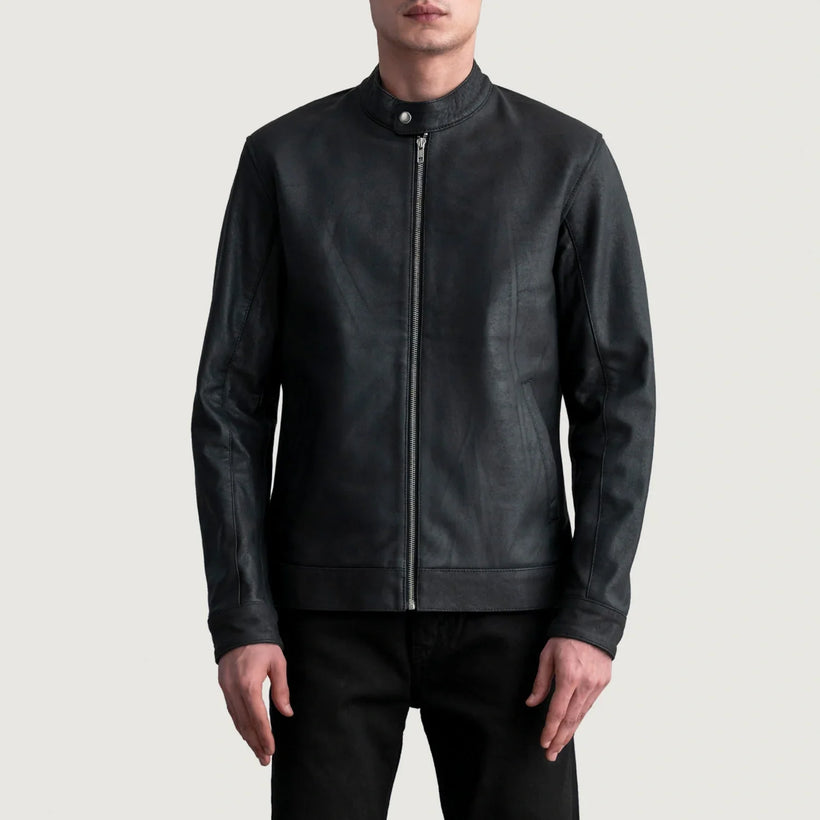 Zen Tumbled Preto Jaqueta Biker de Couro para Homem