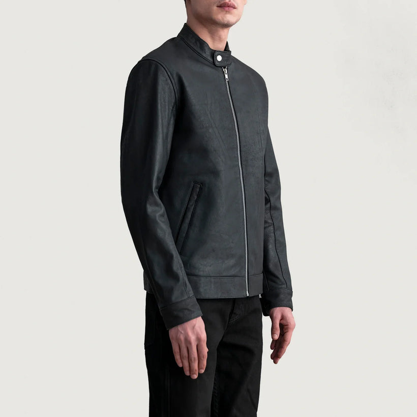 Zen Tumbled Preto Jaqueta Biker de Couro para Homem