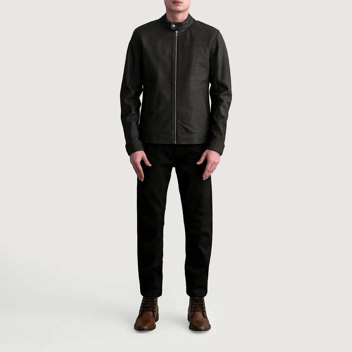 
Vista detalhada of Snap Button & Zipper Hardware on Zen Tumbled Castanho Jaqueta Biker de Couro para Homem
