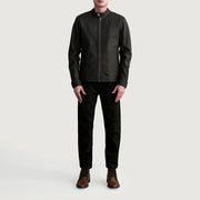 
Vista detalhada of Snap Button & Zipper Hardware on Zen Tumbled Castanho Jaqueta Biker de Couro para Homem