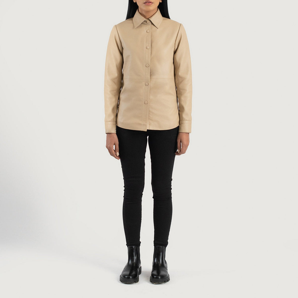 Women's Zenith Beige Leather Shirt Jacket - Lateral Side Profile View Showing Sleeve Cut &amp; Athletic Taper Fit