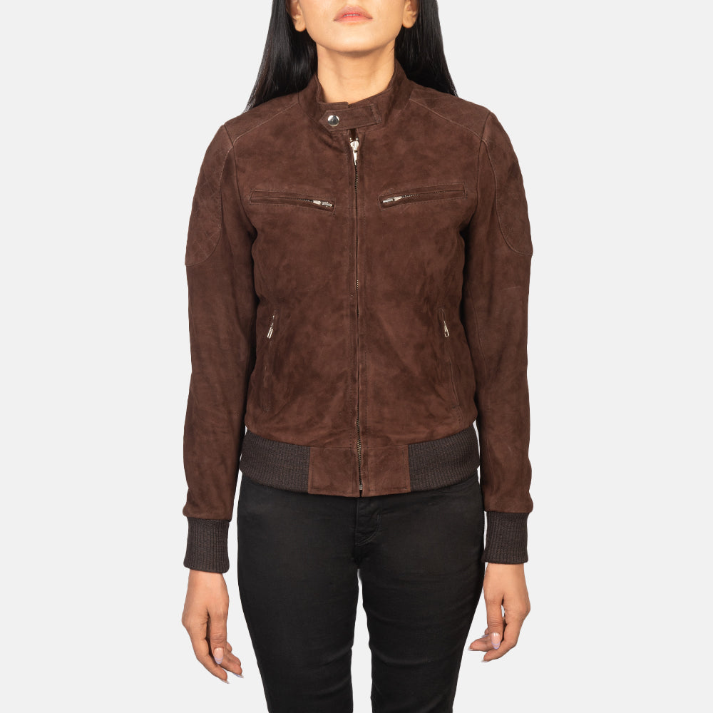 
Vista detalhada of Band with Snap Button & Zipper Hardware on Zenna Mocha Suede Bomber Jacket
